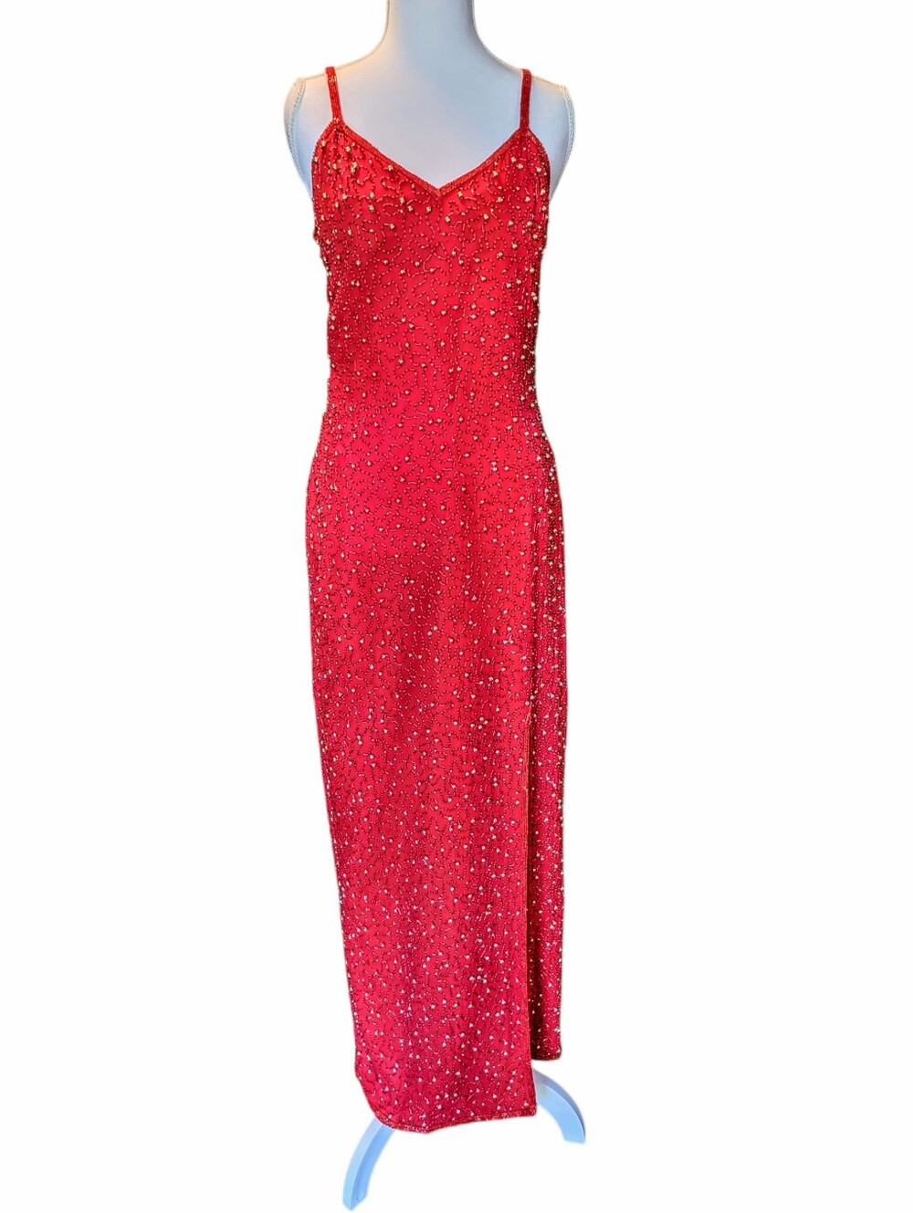 Vintage 90s Scala Red Silk Beaded Floor Length Dress